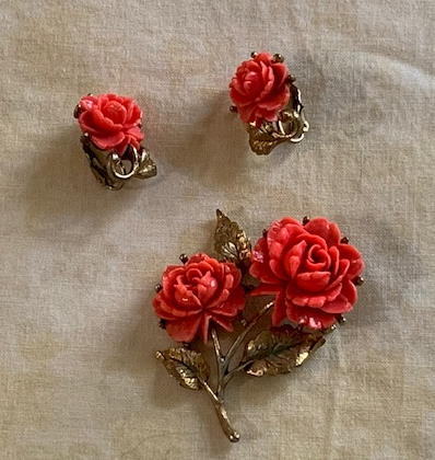 Vintage Rose Parure - earrings and pin